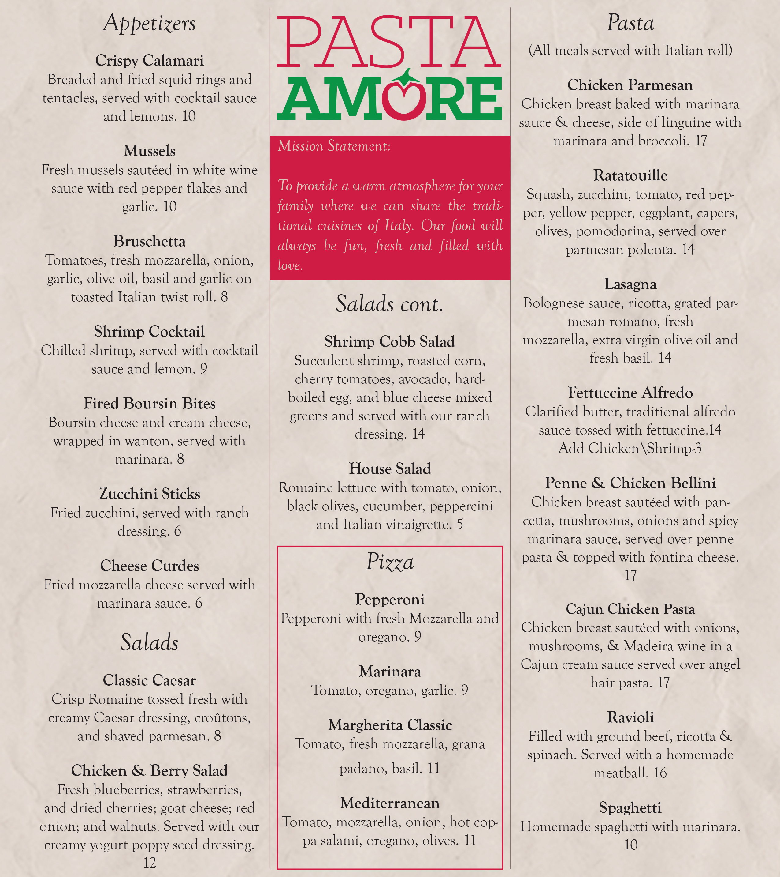 Pasta AmoreMenu