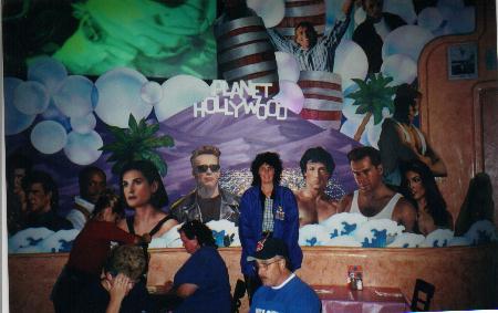 Gaby between Arnold Schwarzenegger and Sylvester Stallone, 
         at Planet Hollywood in Niagara Falls: