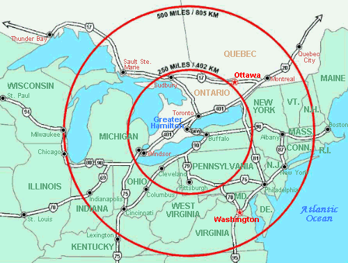 Surrounding area in miles/kilometers and main highways: