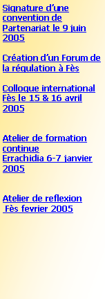 Zone de Texte: Relance de d�bat au Parlement Marocain  sur la proposition de loi sur la protection du consommateur le 1er juin 2006Journ�es d��tude � Ouagadougou Burkina-faso  22-23 mai 2006Atelier de formation, T�touan 7 avril 2006Pr�sentation d�un m�morandum � l�occasion de la journ�e mondiale du consommateur, F�s le 15 mars 2006Atelier de formation E-commerce, F�s 12-13 f�vrier 20061�re Conf�rence du Forum de la r�gulation F�s, Maroc, 9 d�cembre 2005Signature d�une convention de Partenariat le 9 juin 2005Cr�ation d�un Forum de la r�gulation � F�sColloque international,   F�s 15 & 16 avril 2005  Atelier de formation continue, Errachidia 6-7 janvier 2005