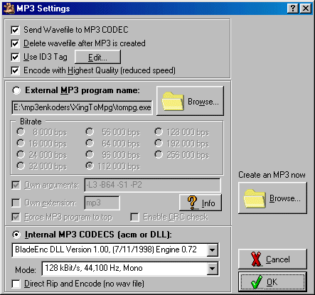 The mp3 settings window