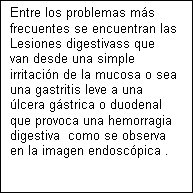 Cuadro de texto: Entre los problemas m�s frecuentes se encuentran las Lesiones digestivass que van desde una simple irritaci�n de la mucosa o sea una gastritis leve a una �lcera g�strica o duodenal que provoca una hemorragia digestiva  como se observa en la imagen endosc�pica .


