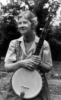 black and white picture of Debby with her banjo