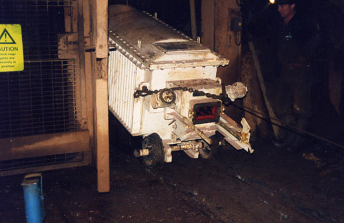 A 3000 volt transformer ready for being lifted to surface at South Crofty.
