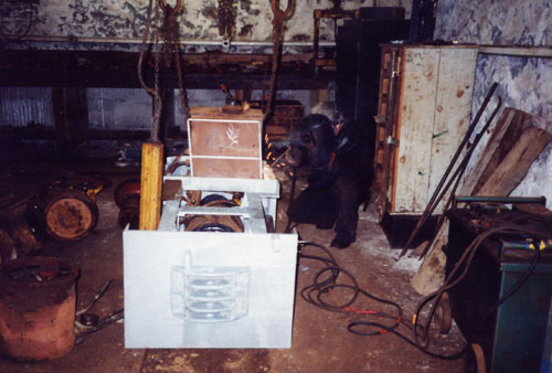 View of a Small loco being welded at South Crofty.