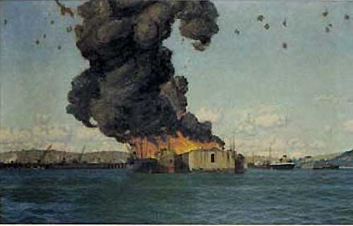 Bombing of the British Chancellor 10th July 1940 by Charles Pears  courtesy of Falmouth Art Gallery