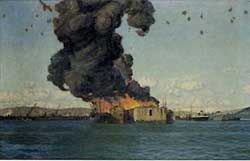 Bombing of the British Chancellor 10th July 1940 by Charles Pears  courtesy of Falmouth Art Gallery
