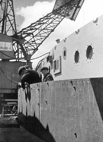 Fitting new plates to bridge section. Falmouth Docks circa 1946.