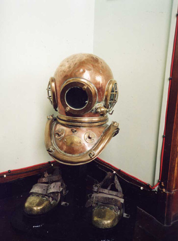 Divers helmet and boots on display Falmouth Dock's Main Office - 2002