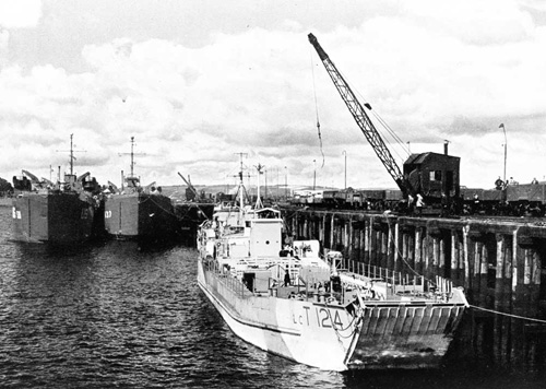 Landing Craft alongside the Eastern Breakwater of Falmouth Docks during WWII.