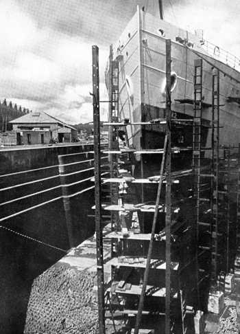 Repairs to Bow of Ship. Falmouth Docks circa 1946.
