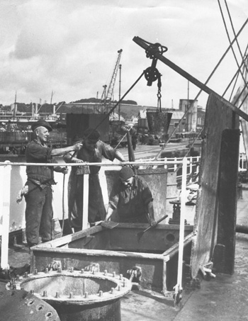 Falmouth Docks - Tank Cleaners on deck of ship.