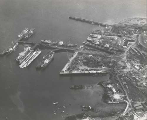 Aerial Shot showing County and Duchy wharves circa 1958.