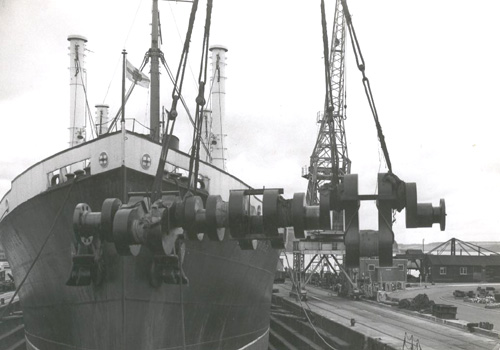 Removal of Crankshaft by crane over ship's bow circa 1960