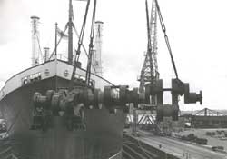 Removal of Crankshaft by crane over ship's bow circa 1960