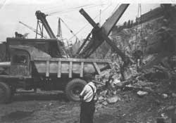 Euclid Lorry awaiting a load of rock.  circa 1956