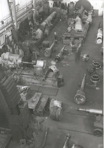 Fitting shop from overhead crane showing pistons etc.  Falmouth Docks circa 1960's.