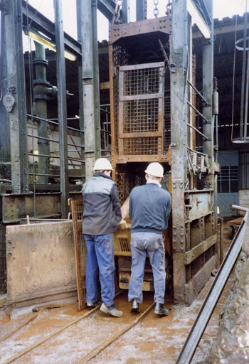 Loading Locos into the cage at Robinson's shaft for underground work at South Crofty.