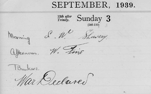 Entry in Falmouth Docks ledger the day WWII was declared.