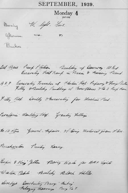Falmouth Docks ledger the day after WWII was declared.