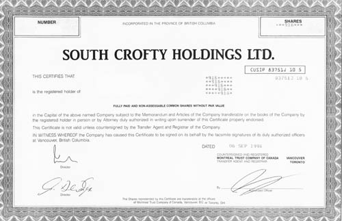 A copy of a share certificate issued by the company to members of the workforce.