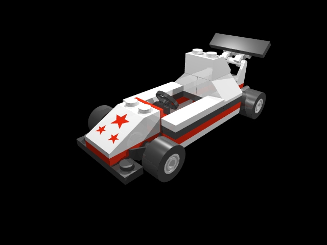 Rendering of a race car constructed from LEGO bricks.