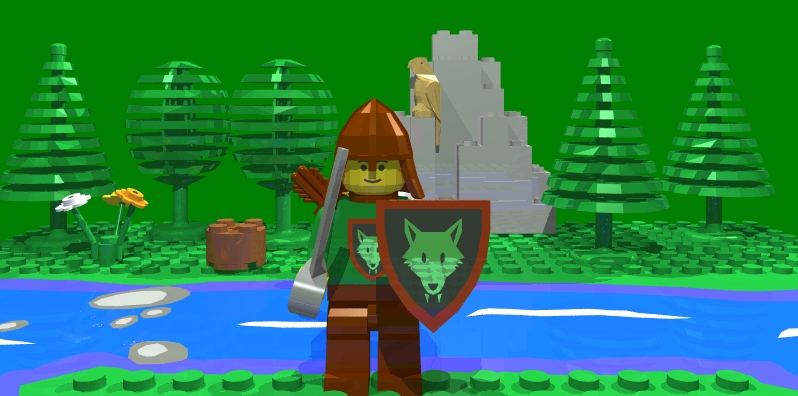 Rendering of a woodland scene constructed with LEGO bricks