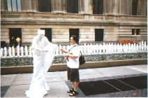 Hubby and strange living statue in front of the Metropolitan Museum of Art