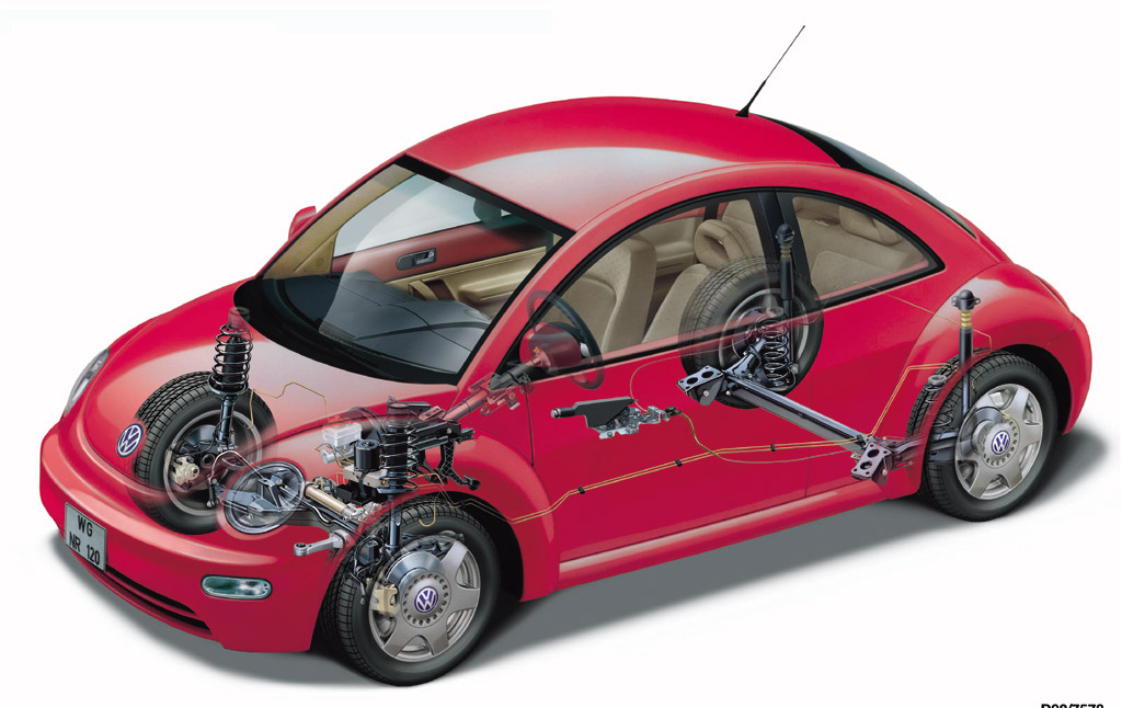MacPherson strut front, twist beam rear. Volkswagen Beetle
