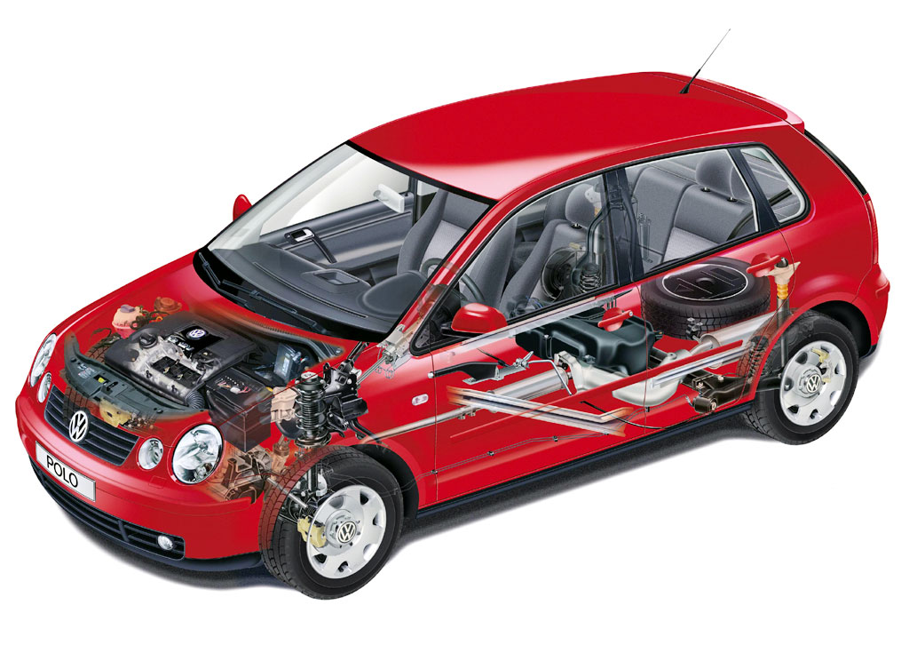 MacPherson strut front, twist beam rear. Volkswagen Polo.