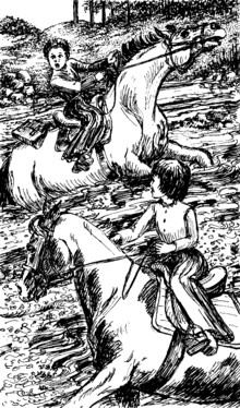 children ride horses in stream