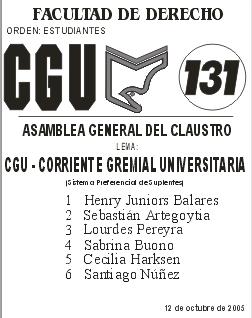 Lista 131 Asamblea General del Claustro - 1- Henry Juniors Balares 2- Sebasti�n Artegoytia - 3- Lourdes Pereyra - 4- Sabrina Buono - 5- Cecilia Harksen - 6- Santiago N��ez