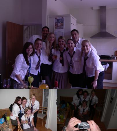 SCHOOL DISCO! [Main, Left to Right] Kath, Sarah (roomie), Sally, Fiona (roomie), Roisine (dosser) and Liz in front of Hans & I