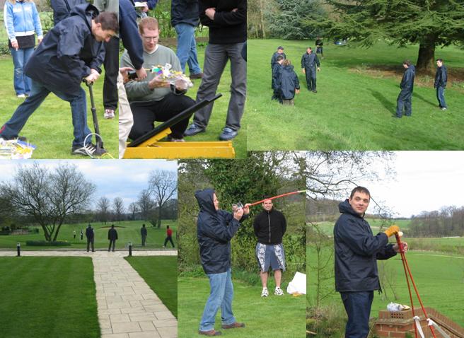 [Left to right, top to bottom] Neil's pumping ended in a premature and short release; Glen's studious approach also failed to achieve great results; Lucky we had water-proof suits for the egg fight; Admiring the golf course; Pat fires his egg; Gerry thought he was on a winner until Champion Hornbill had their turn.