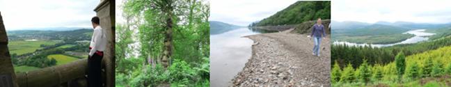 Enjoying the view from the Wallace Monument; Scotland fawner; Sal walking by a loch; yet another beautiful loch