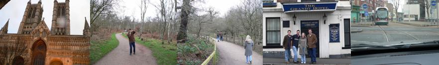 [left to right] One of the pit stops, this time an old church; Cam shooting me shooting (chicken or egg?); more sherwood forest; the tour party outside the Gramby, our lodgings for NYE; driving on the trams lines - whoops!.