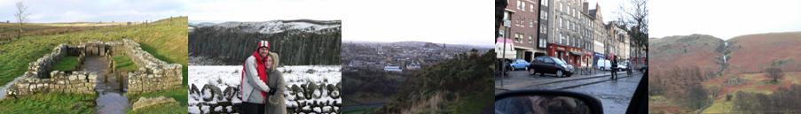 [left to right] Roman ruins; Sal & I at Hadrian's Wall; The sensational view from Arthur's Seat, Edinburgh; the Lakes District.
