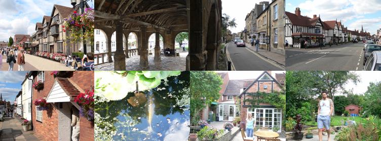 [left to right, clockwise] Shakespeare's birthplace; County Drives; ditto; Henley (where Martin lives); Martin's cottage entrance; pond fishies; Martin's back yard; ditto.
