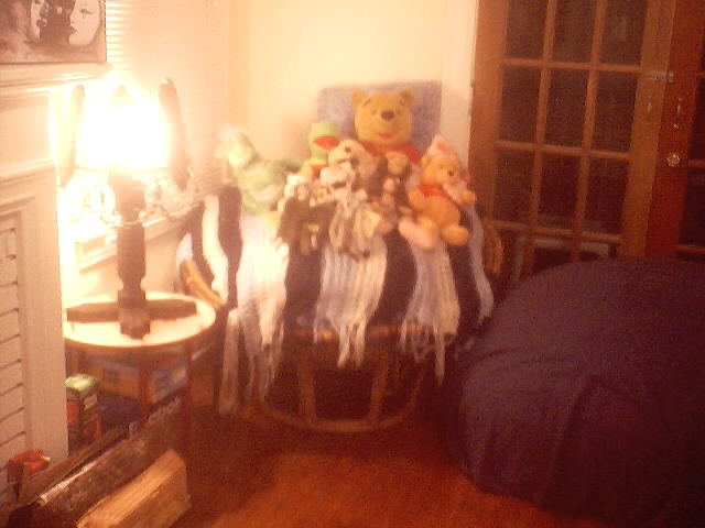 The papasan corner with all of my stuffies. Btw, that is not a bean bag, it's a Polymorphic Poof chair [poofchair.com]!
