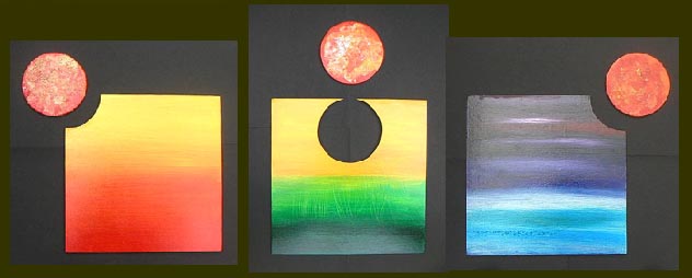 A day. 3 piece, painted Acrylic board on board.
Sun up. Midday. Sun down.