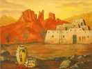 Southwest art with adobe building and pots