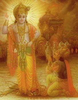 Krishna disclosing the Bhagvad Gita to Arjuna