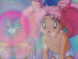 Chibi Usa wearing her white panties with a pink frill border & her breasts show