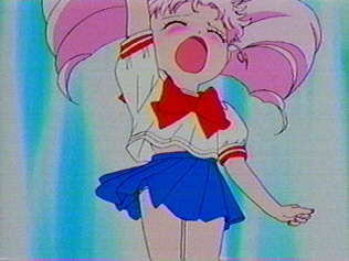 Chibi Usa cries/blushes, the edge of her underwear shows