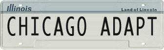 Graphic of an Illinois license plate with 'Chicago ADAPT' printed on it