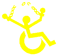 Yellow image of person in wheelchair breaking chain above head