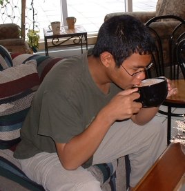 Fruit! Huge bowl/cup/mug of coffee!