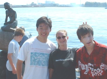 Tai, Amy, Greg in front of Little Mermaid in Copenhagen