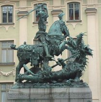 Prince (a king in history) slaying dragon to save princess (Stockholm)