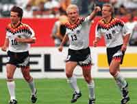 Matthaus, Voller and Klinsmann celebrating for Germany's 1st goal against Belgium